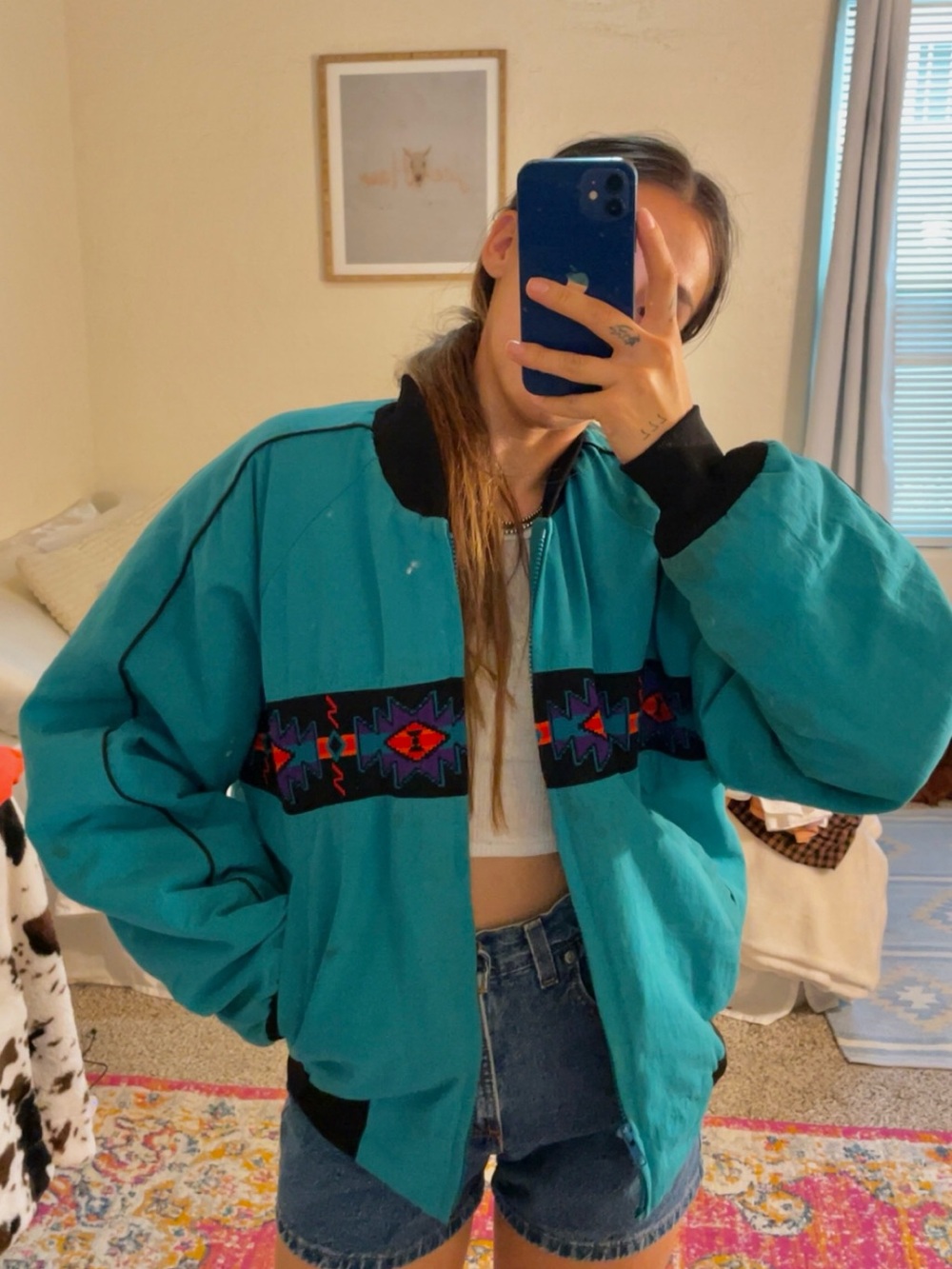 90s Vintage Turquoise Southwestern-Trim Bomber Jacket